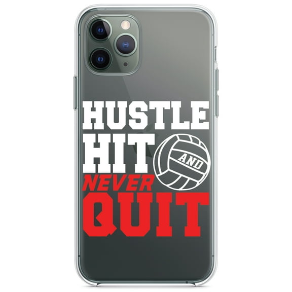 DistinctInk Clear Shockproof Hybrid Case for iPhone 11 Pro MAX (6.5" Screen) - TPU Bumper Acrylic Back Tempered Glass Screen Protector - Hustle Hit Never Quit Volleyball