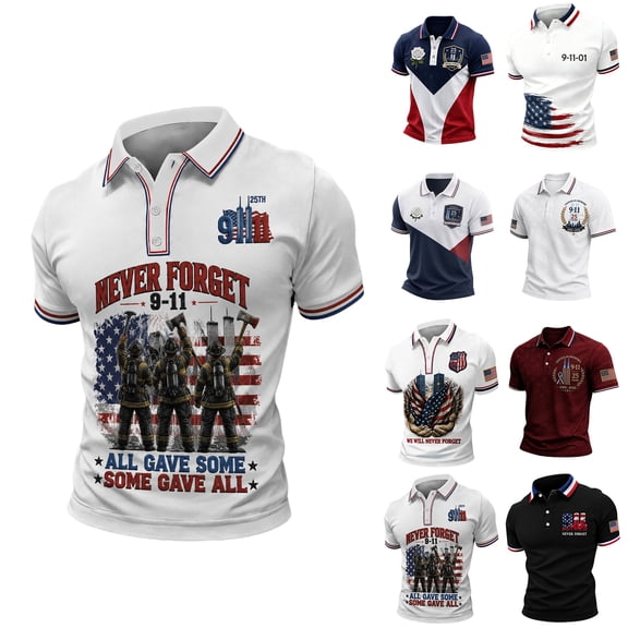 xunjiayanmaoyi Men's 9/11 25th Annv Polo Shirt Never Forget Loose Fit Patriotic Graphic Knit Blnd S-3XL Multicolor 1Pc First Responder Vet Daily Casual Memorial Wear