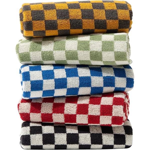 wonima44 Hand Towels 5 Pack, Cotton Face Towels Soft, Absorbent, and Decorative Checkered Design for Bathroom, Kitchen, Gym, and Spa, 13 x 29 Inches, 5 Colors (5 Colors)
