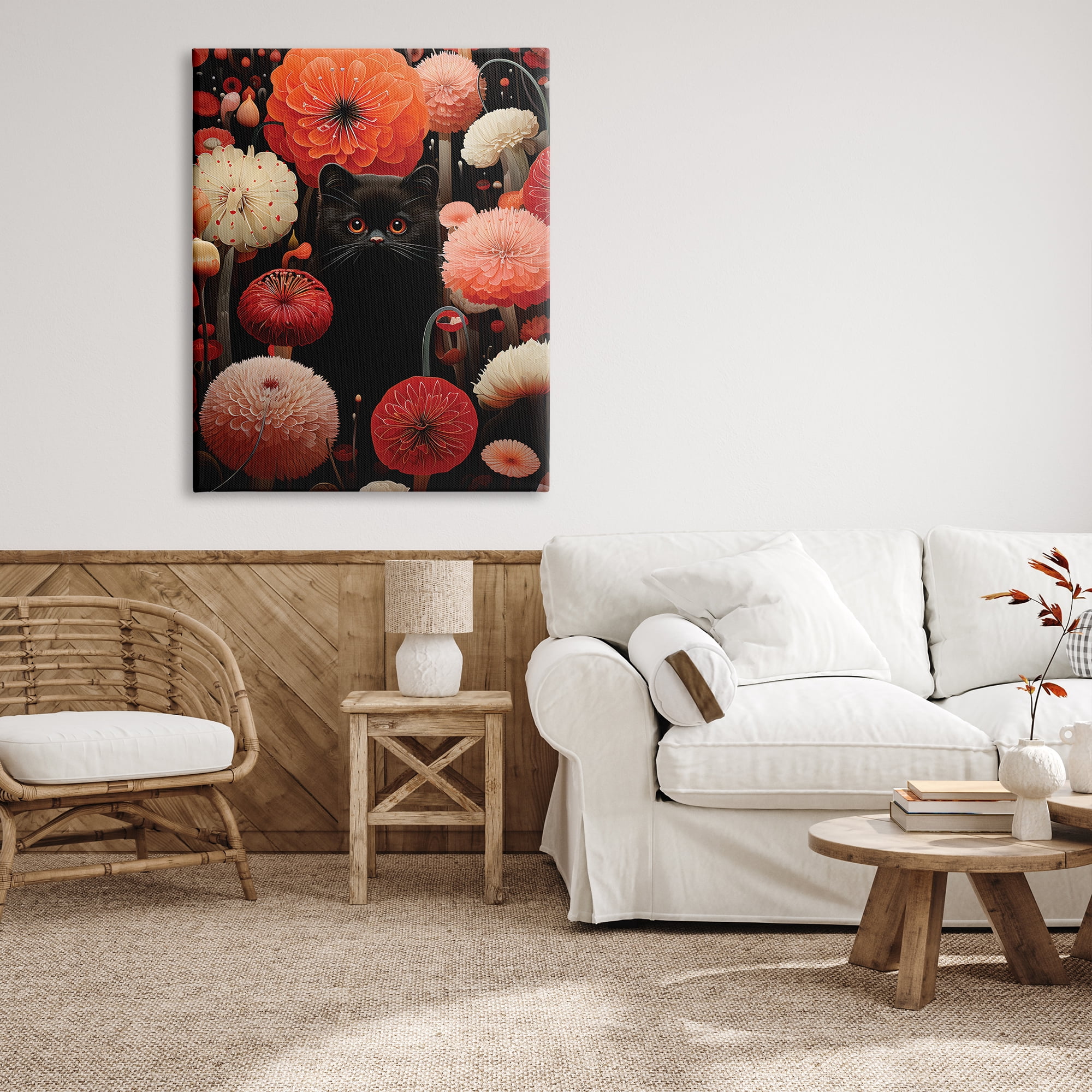 Stupell Industries Black Cat Among Dahlias Animals & Insects Painting Gallery Wrapped Canvas Art Print Wall Art, 36 x 48