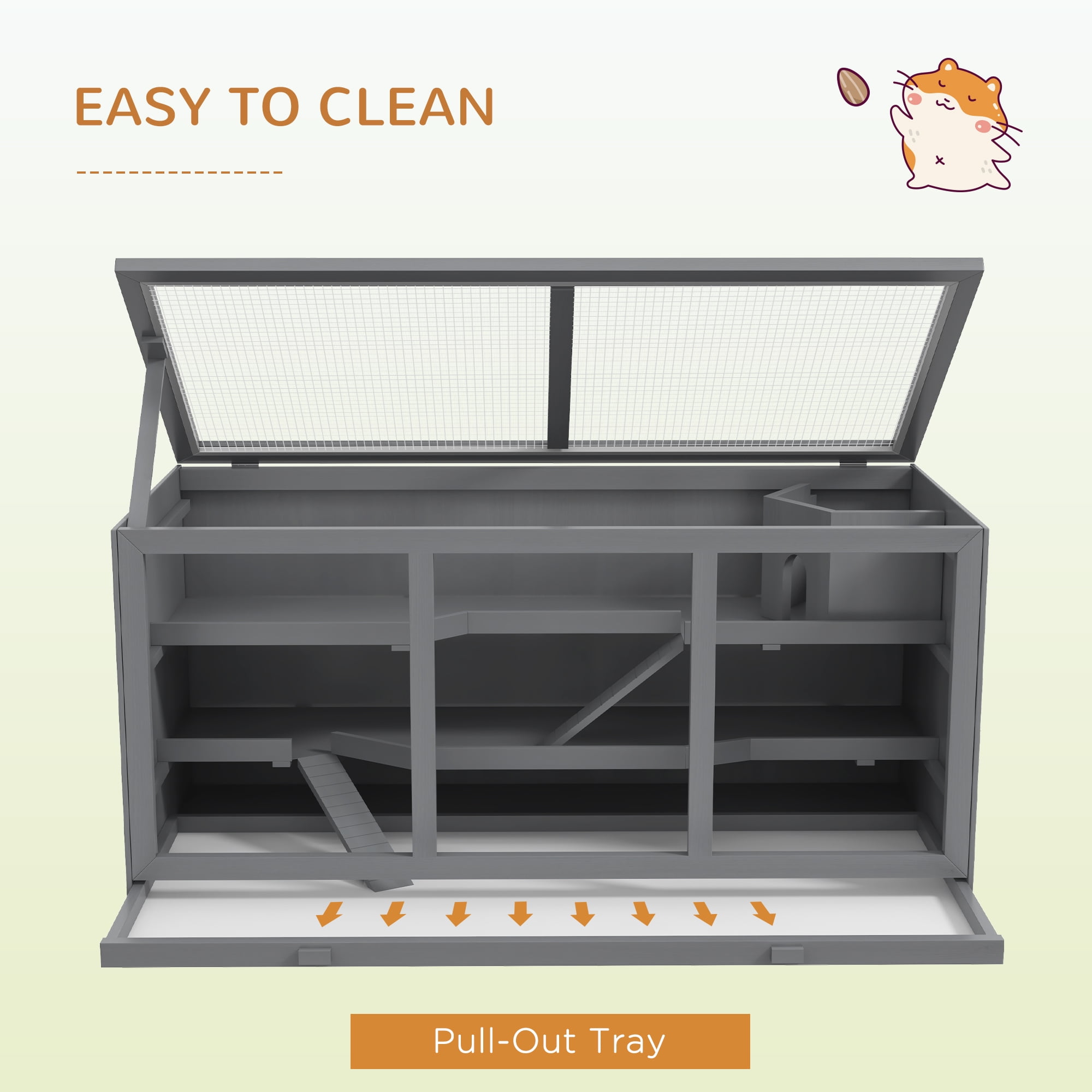 PawHut Extra Large Wooden Hamster Cage, Gerbil Cage, and Other Small Animal Habitat, Hamster Habitat with Opening Roof, Hut, Ramps, Gray