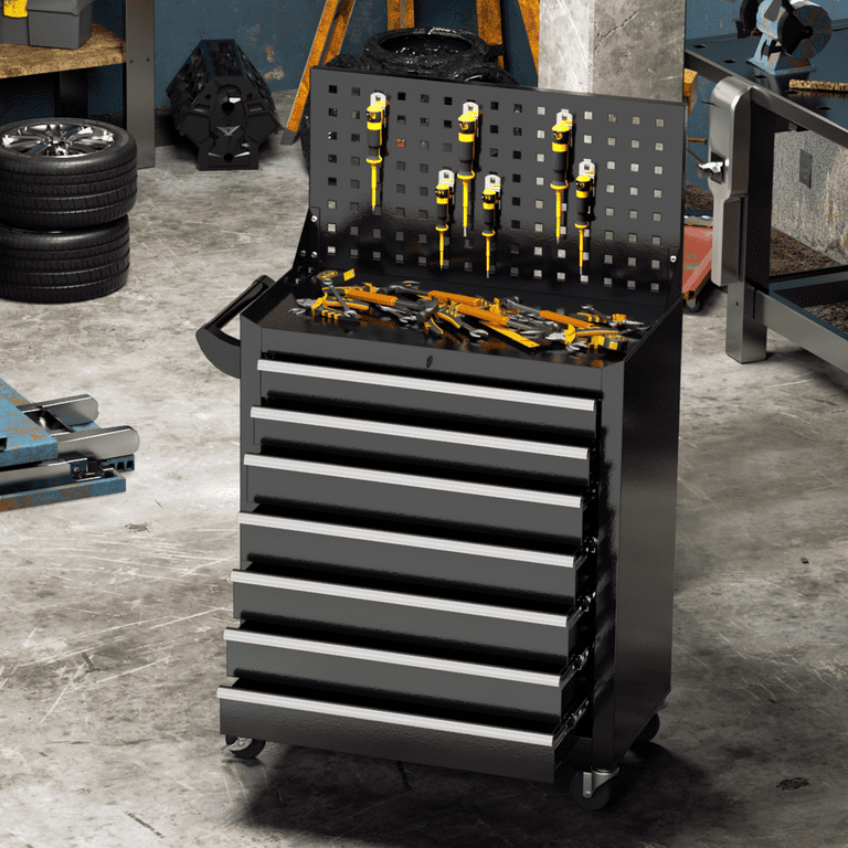 SUNCROWN 7-Drawer Metal Tool Chest with Pegboard, Rolling Tool