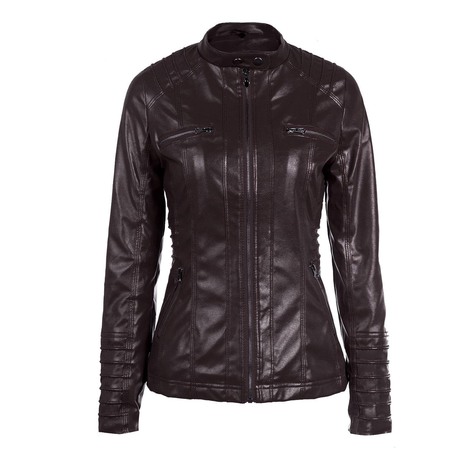 IROINNID Women's Faux Leather Jacket Hooded Long Sleeve Casual Biker Zip Up Jacket,Coffee