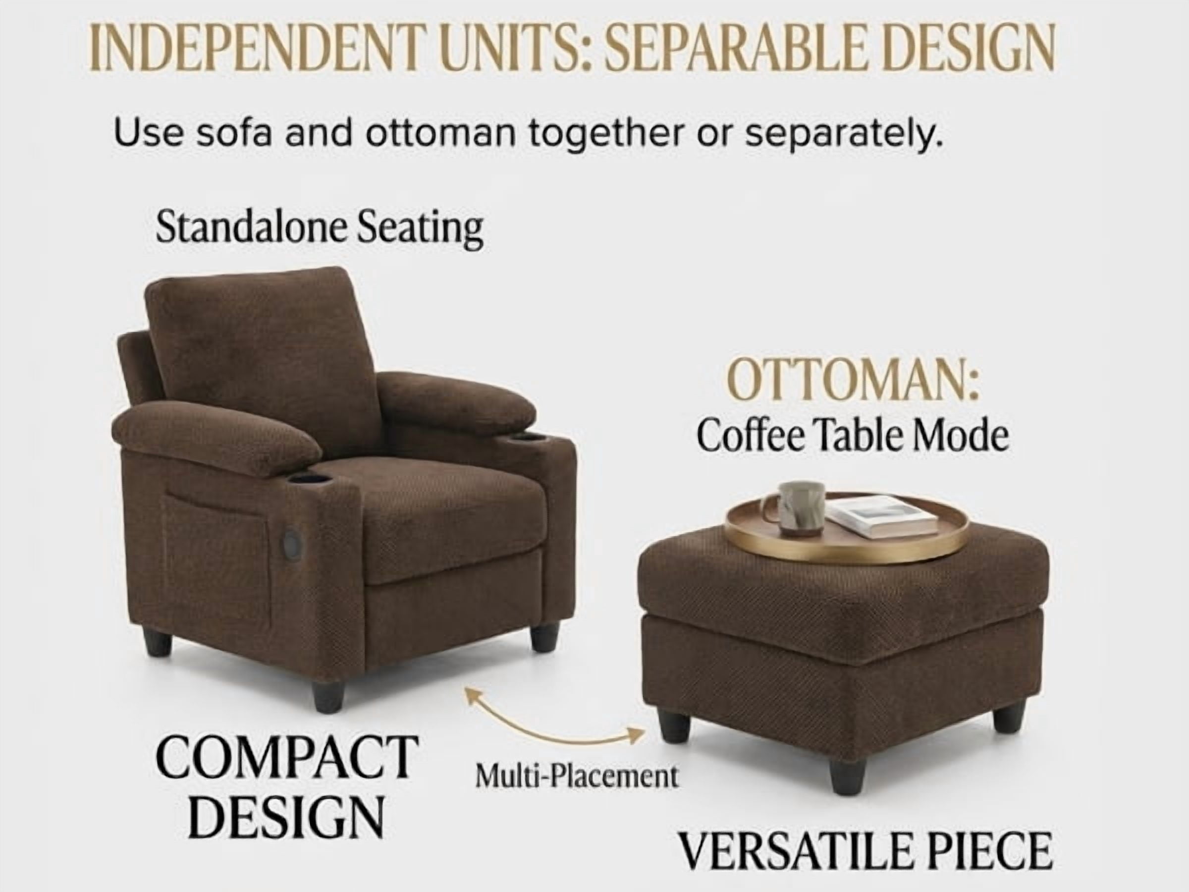 34" Accent Chair and Storage Ottoman Set, Reclining Sleeper Bed with Cupholders and USB-C Ports