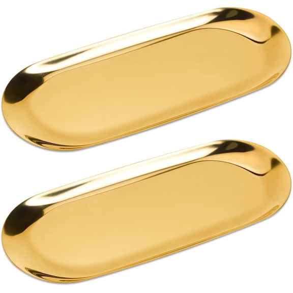 2pcs Gold Decorative Trays, Modern Vanity Tray Stainless Steel Jewelry Tray Kitchen Sink Tray for Soap Dispenser Perfume Makeup Organizer Plate Tray for Bathroom Counter Dresser, Oval