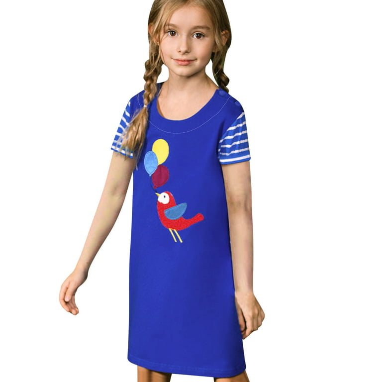 Baby Girl Clothes Toddler Kids Girls Cotton Short Sleeve Casual Dress  Cartoon Appliques Striped Princess Dresses 