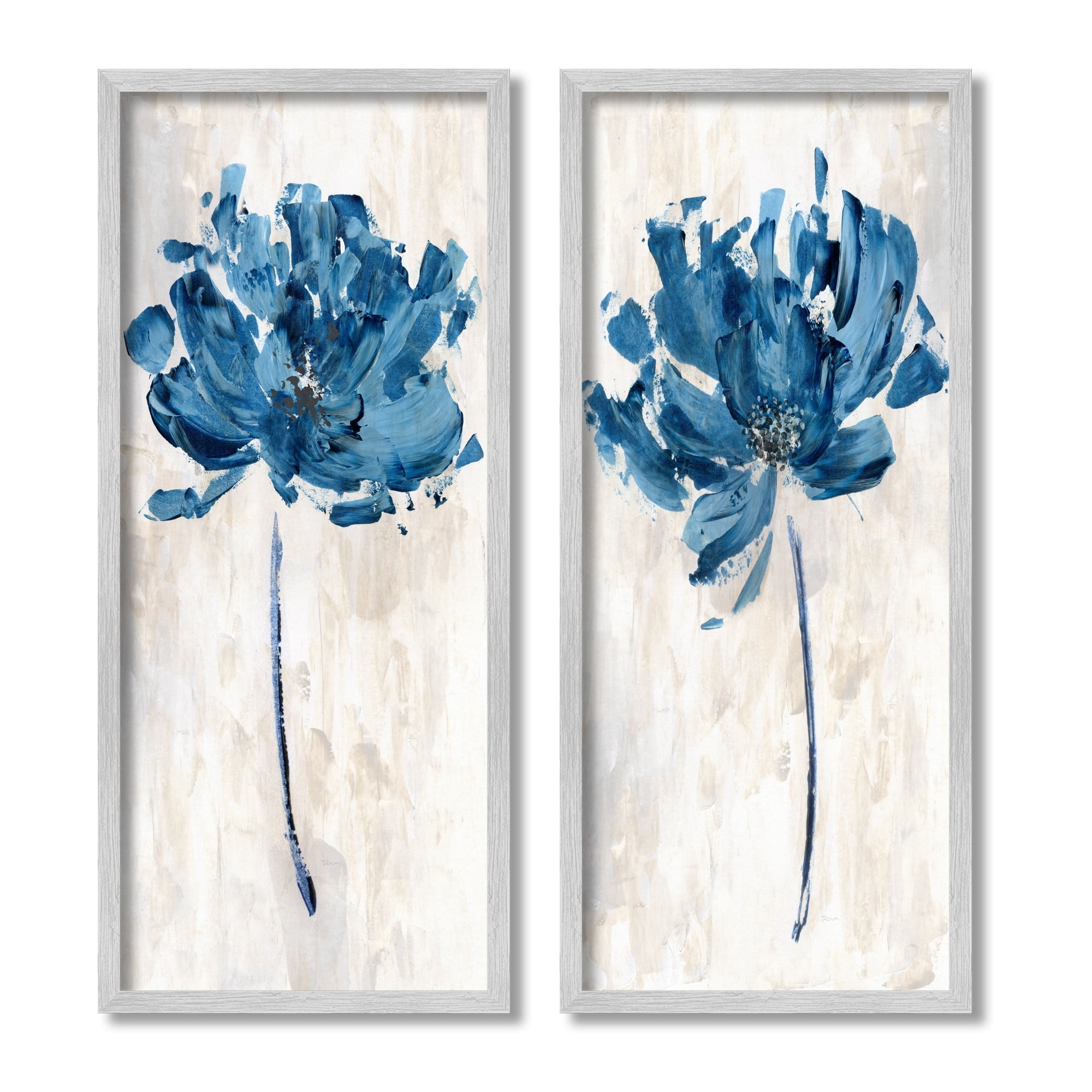 Stupell Industries Vivid Blue Abstract Flowers Rustic Florals Neutral Beige, 10 x 24, Design by Katrina Craven