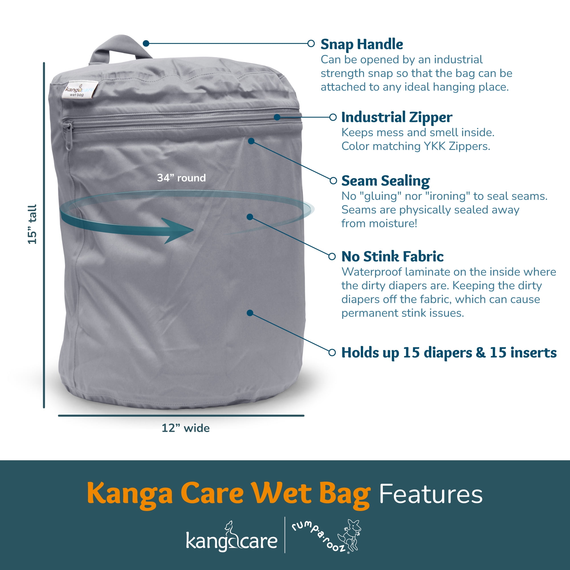 Kanga Care Wet Bag Seam Sealed Waterproof 3D Dimensional for Baby Cloth Diapers, Travel, Beach, Pool, Gym, Swim | Pine