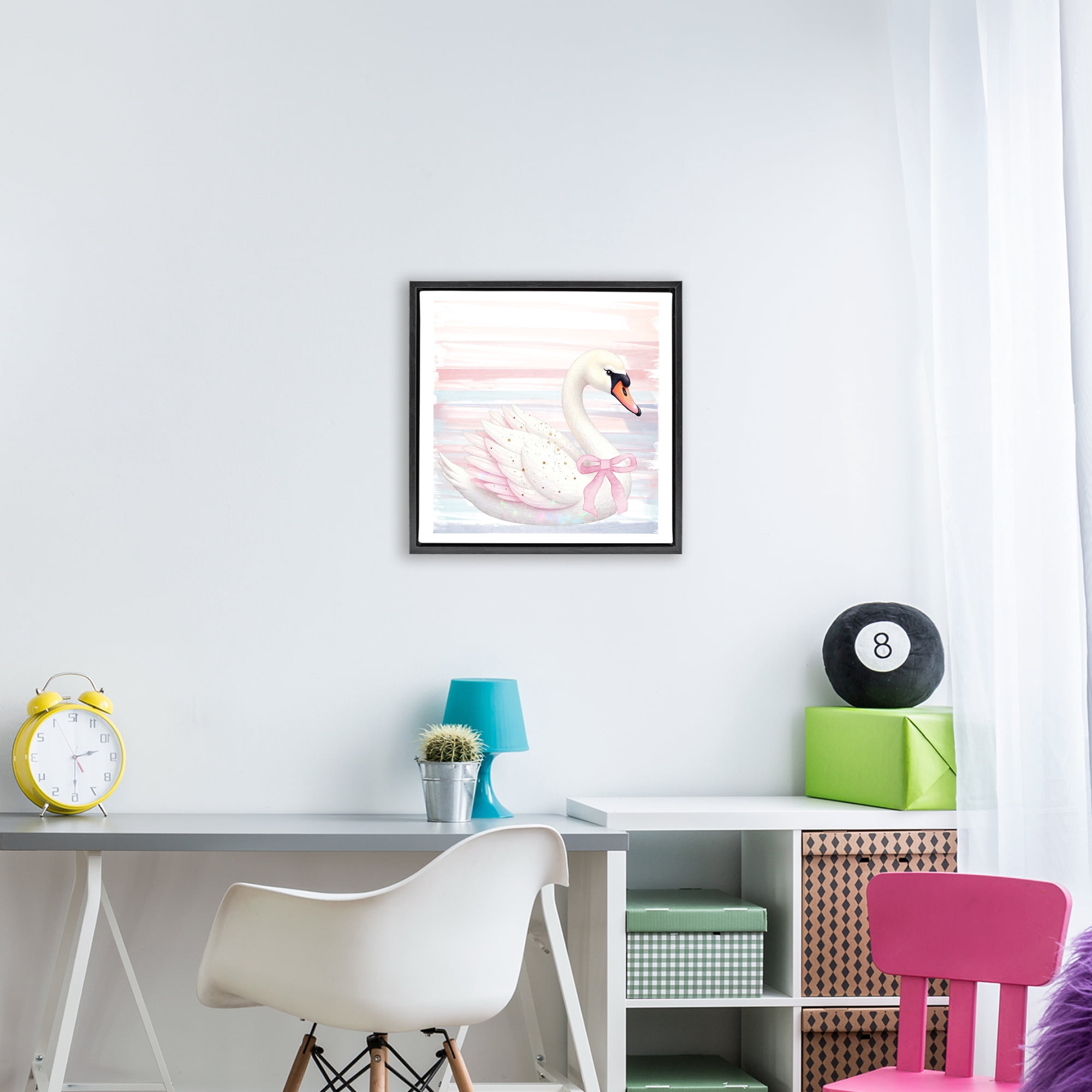 Pink Swan with Ribbon Black Framed Floater Canvas Wall Art, design by Kim Allen