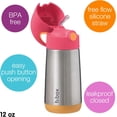 thumbnail image 2 of b.box 12 oz Insulated Water Bottle - Keeps Drinks Cold 8 Hours, Warm 6 Hours, Triple Wall Stainless Steel Kids Water Bottle w/ Free Flow Silicone Straw, Leakproof & Dishwasher Safe. Strawberry Shake, 2 of 3