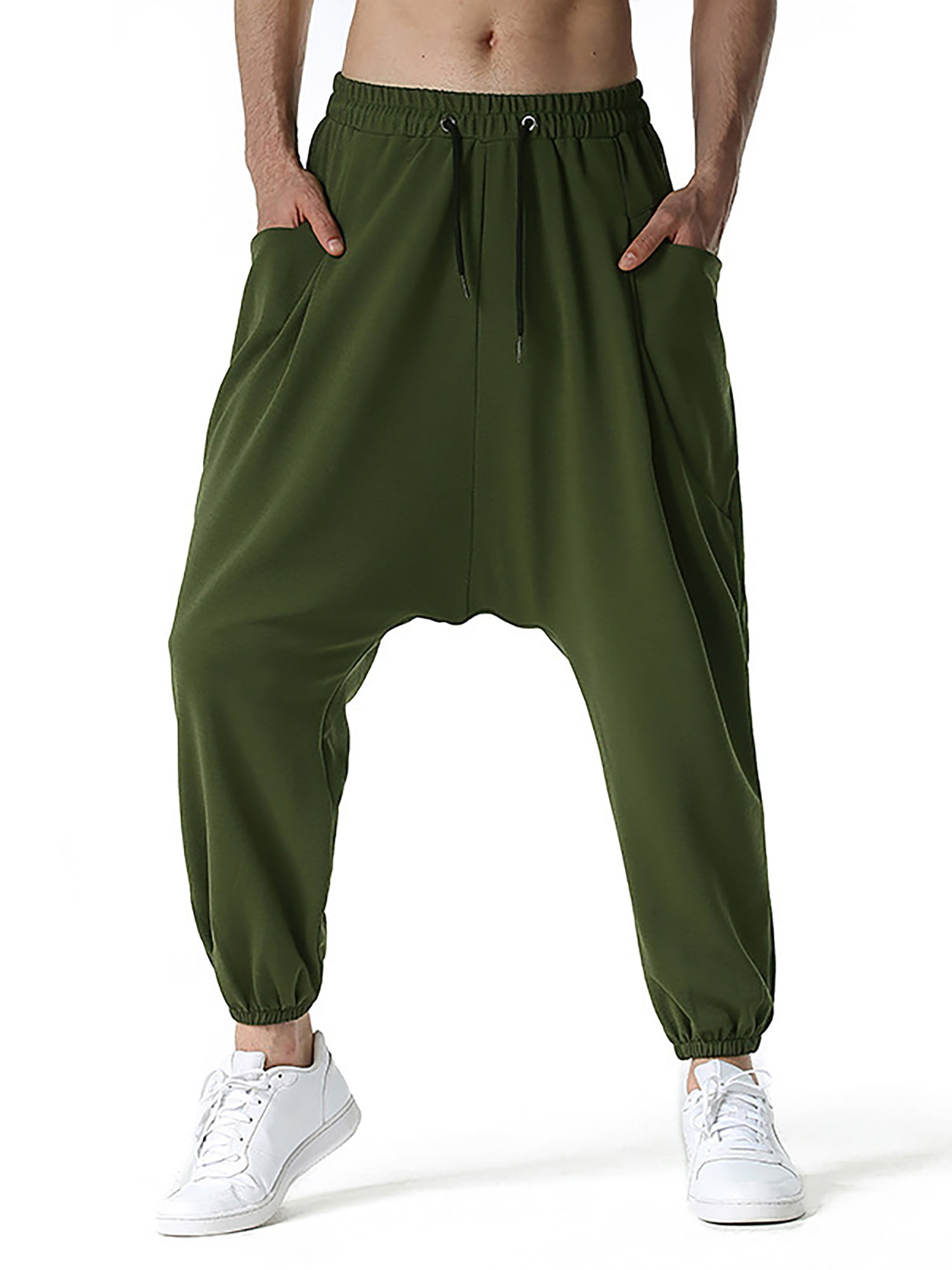 Men's 100%Cotton Drawstring Harem Pants Aladdin Hippy Drop Crotch Long Trousers