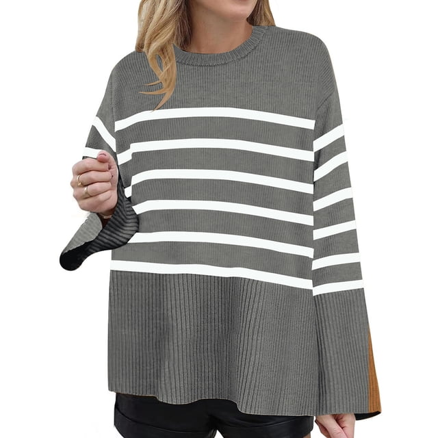 LOVZFMLL Chandails pour Femmes, Chandail à Col Rond Côtelé à Rayures Mode Décontracté Quotidien Doux Ample Manches Longues Hauts Chauds Automne Hiver Vêtements