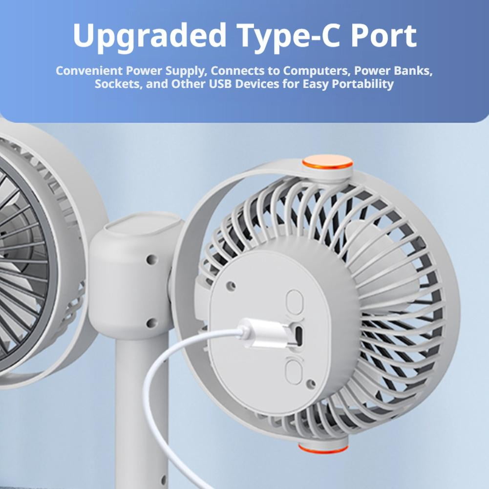 Dual Head Clip on Fan - Rechargeable Portable Desk Fan with LED Light, 360 Rotatable USB Clip Fans with 5 Speeds Wall Mounted & Hanging Quiet Cooling Fans for Stroller, Car, Office, Camping & Bed