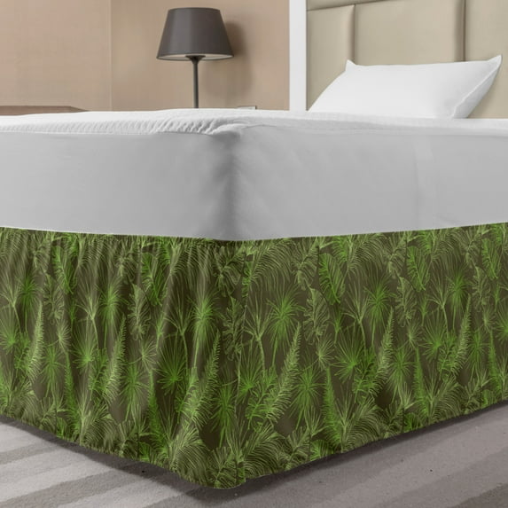 Jungle Foliage Bed Skirt, Continuous Tropic Pattern with Outline Leaves and Palm Trees Print, Elastic Bedskirt Dust Ruffle Wrap Around for Bedding Decor, 4 Sizes, Taupe and Lime Green, by Ambesonne