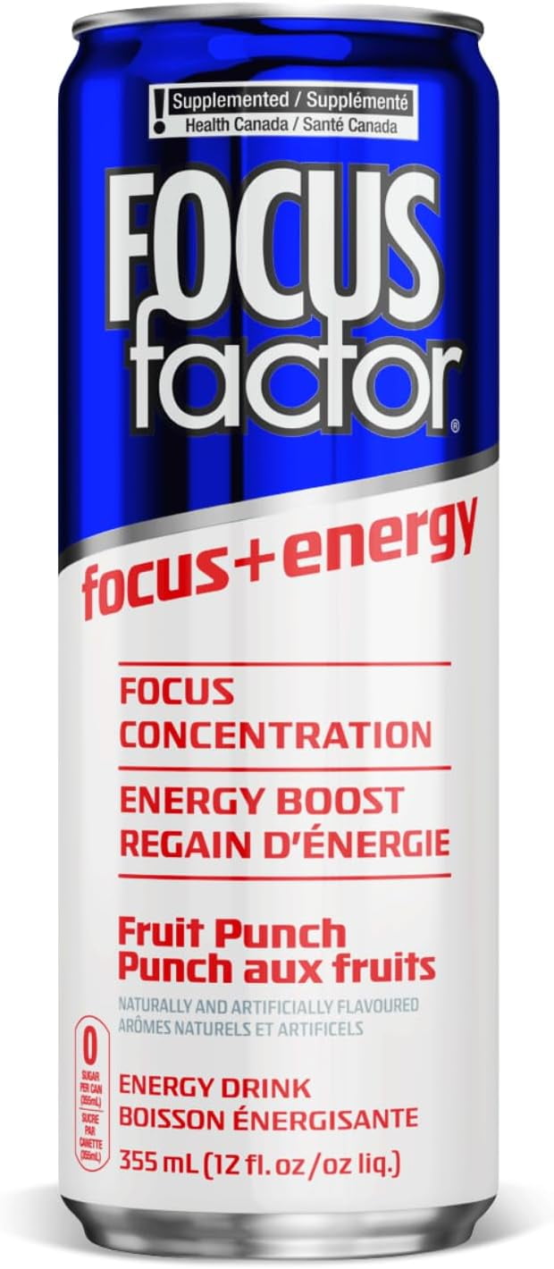 Focus Factor Energy Drink - 12 x 355ml Cans (Fruit Punch Flavor), Lightly Carbonated, Sugar Free