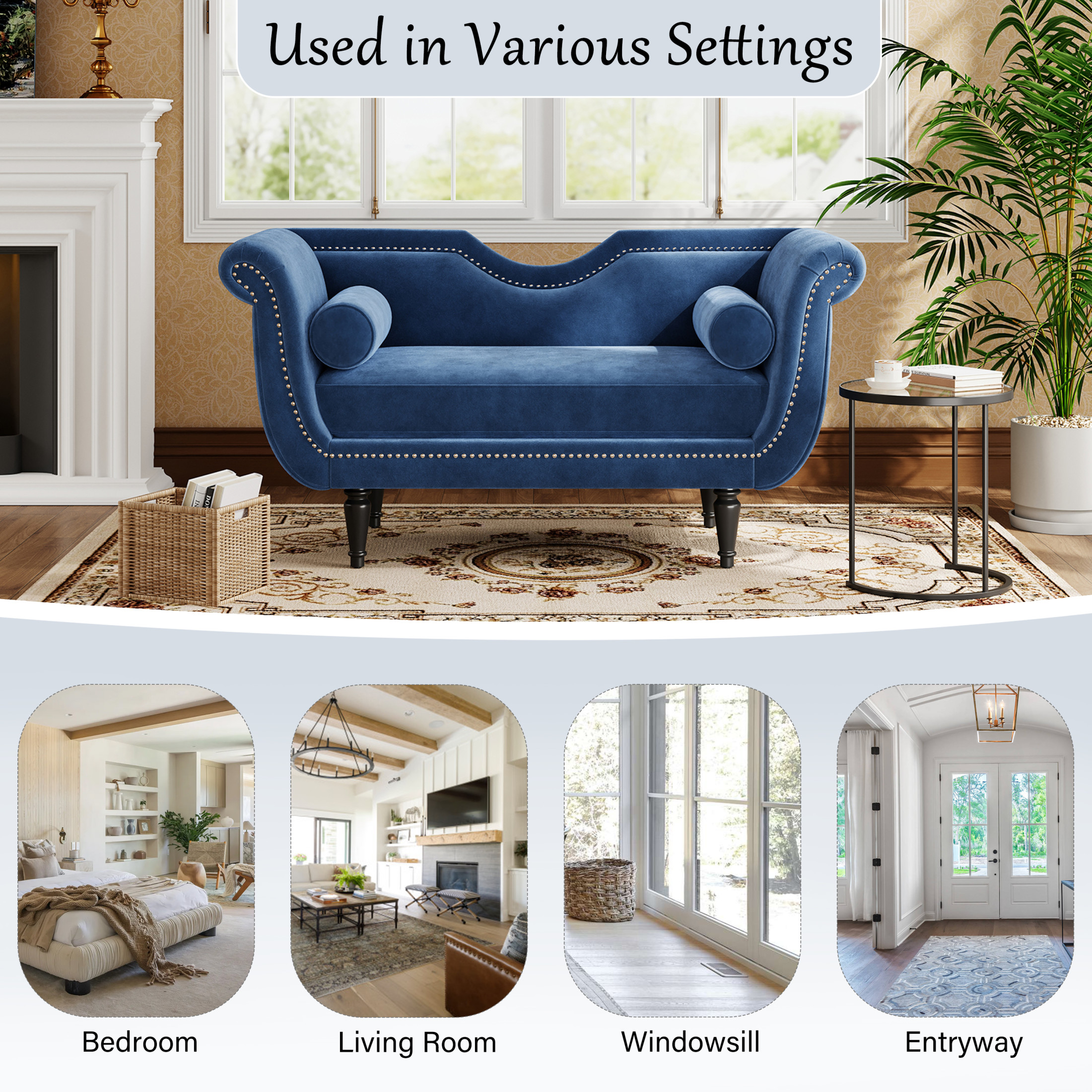Christopher Knight Home 53" Luxury Velvet Upholstered Bench with Nailhead Trim and Curved Arms, 2 Pillows, Dark Blue