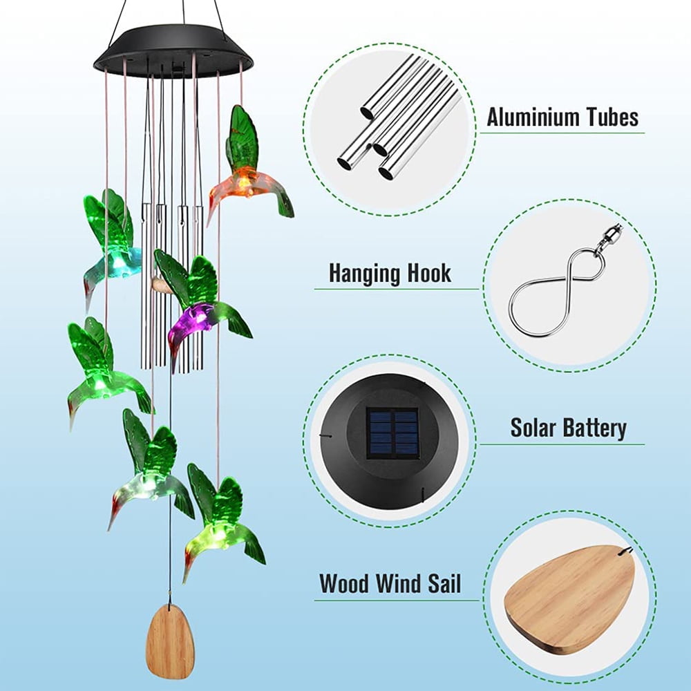 Wind Chimes, Hummingbird Solar Wind Chime Lights, Waterproof for Outside, Patio, Garden