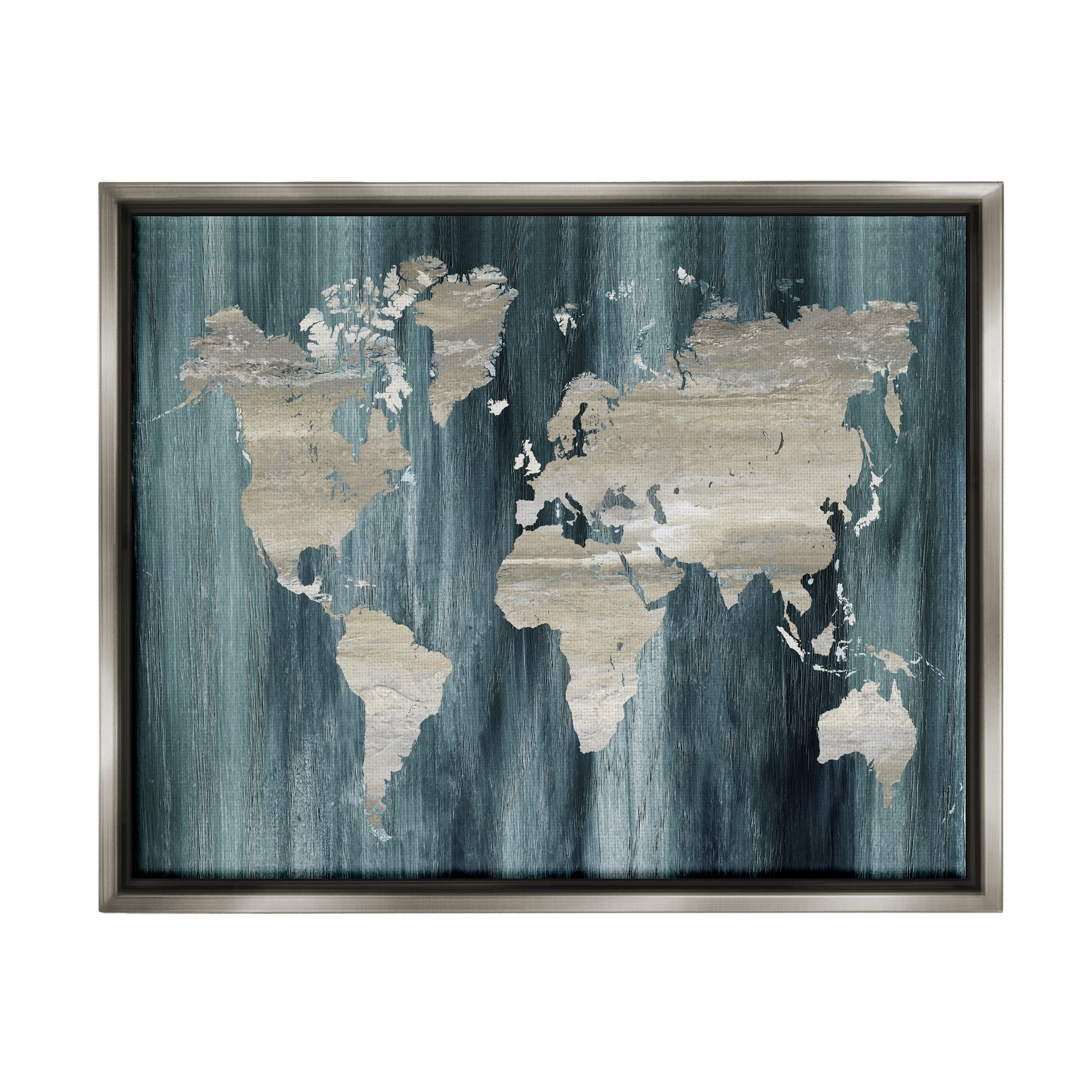 Stupell Industries Rustic Grain Patterned World Map Country Shapes Graphic Art Luster Gray Floating Framed Canvas Print Wall Art, Design by Nan