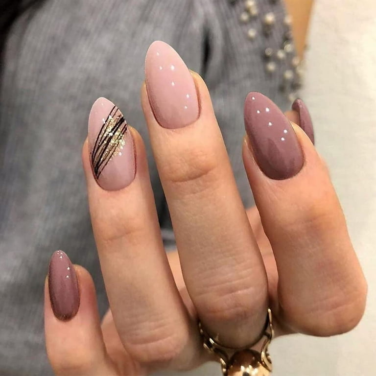 Glossy Almond French Tip Press On Nails Medium Pink Fake Nails With Nail  Glue Gold Sequins Lines Full Cover Glue On Nails 24 Pcs Acrylic Nails -  Walmart.Com