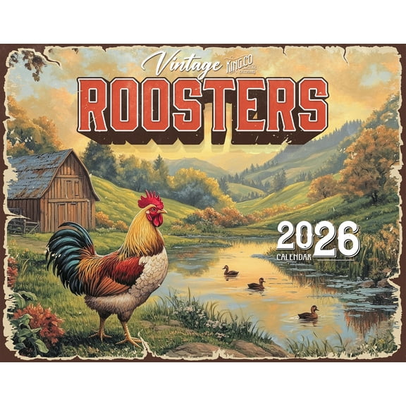 2026 Vintage Roosters Wall Calendar 16-Month X-Large Size 14x22, Retro Country Rooster Calendar by The KING Company-Monster Calendars
