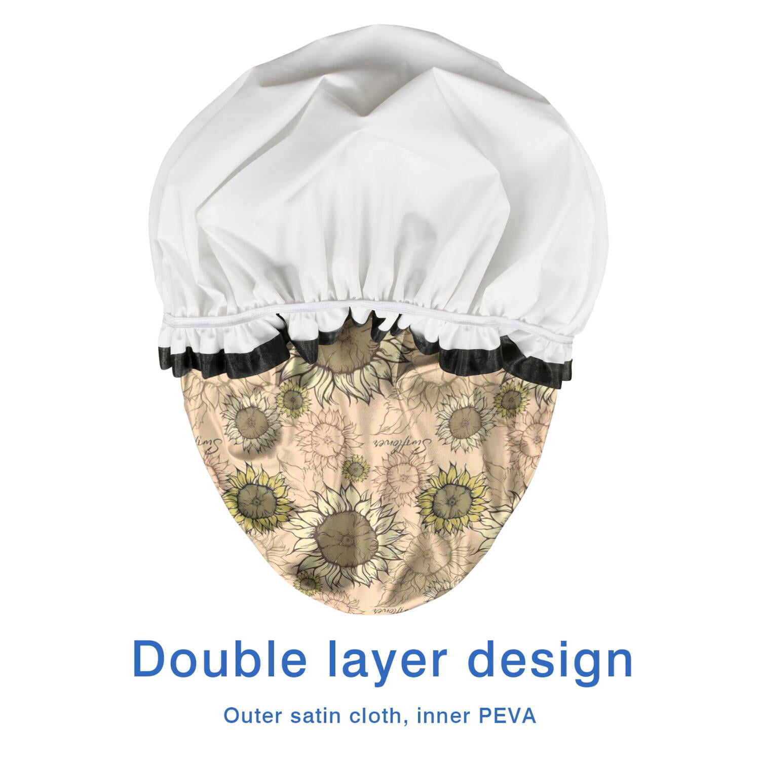 Shower Caps,Beige Sunflower Small Flower Pattern Waterproof Shower Cap for Women 4 Pieces,Double Reusable Hair Cover for Shower PEVA Elastic Stretch Hem