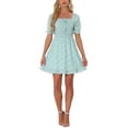 thumbnail image 1 of Vestido Floral con Mangas Abullonadas, Espalda Fruncida y Escote Corazón, Con Volantes, L Azul Claro, 1 of 6