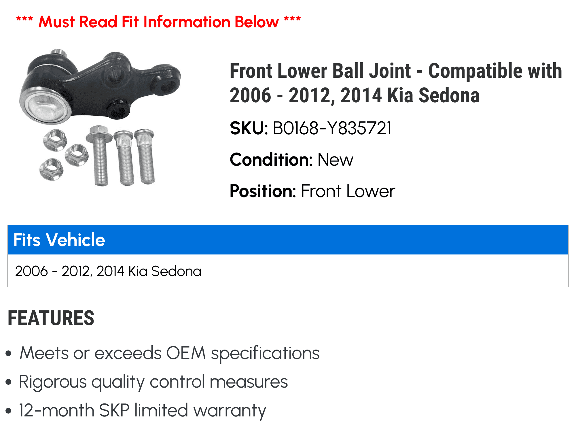 Front Lower Ball Joint - Compatible with 2006 - 2012, 2014 Kia Sedona 2007 2008 2009 2010 2011