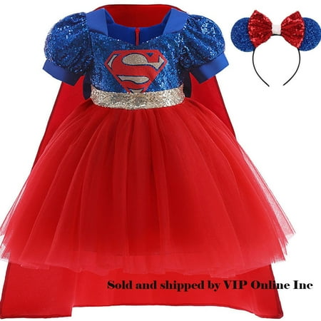 

Toddler Girls Sequins Supergirl Cosplay Dress Kids Princess Halloween Dress Up Costume