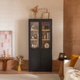 thumbnail image 3 of 74.5''H Ash Wood Grain Display Cabinet Bookcase with Storage, Pantry with Glass Doors & Adjustable Shelves, Mid-Century Modern Bookshelf Curio Cabinet for Hallways, Livingroom Kitchen & Office - Blac, 3 of 8