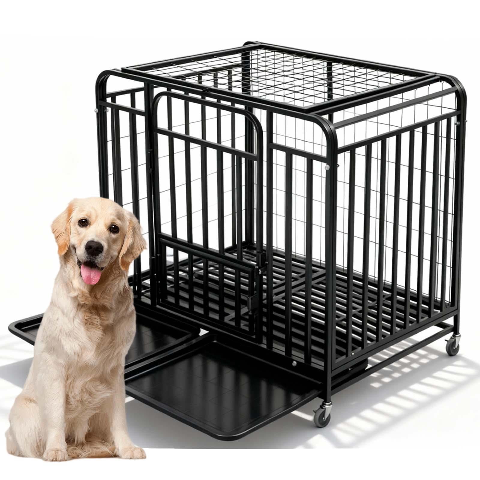 Muweixin 42 inch Black Metal Dog Crate with Top & Front Doors, Removable Trays & Lockable Wheels, Indoor Outdoor Kennel for Medium Large Dogs