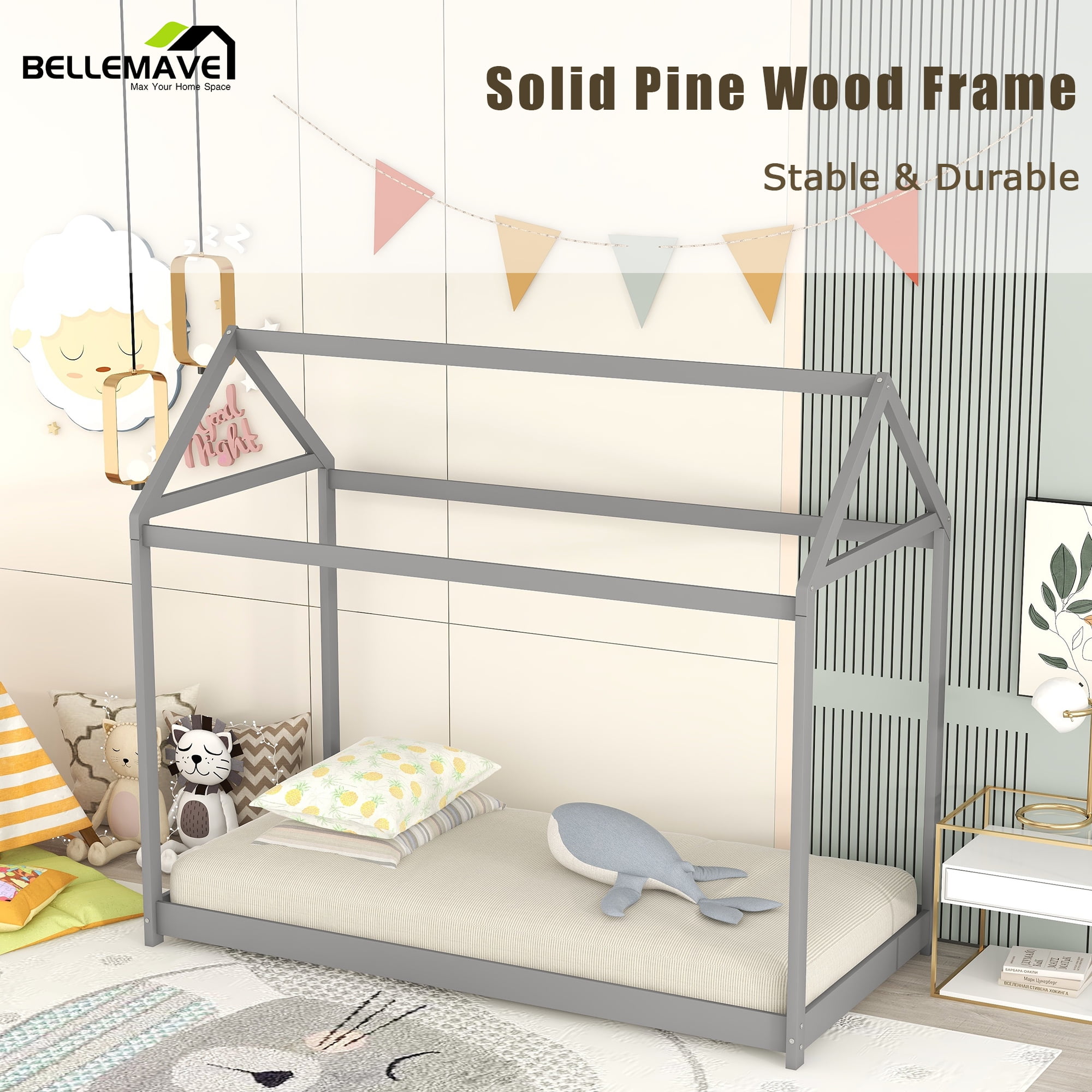 Bellemave Wood Twin Size House Bed Frame, Montessori Floor Bed, No Box Spring Needed (Gray)