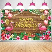 launuo Hawaiian Birthday Party Backdrop Summer Hawaiian Luau Beach Wooden Flamingo Tropical Flowers Photography Background for Decorations, Wooden Background (Hawaiian Backdrop)