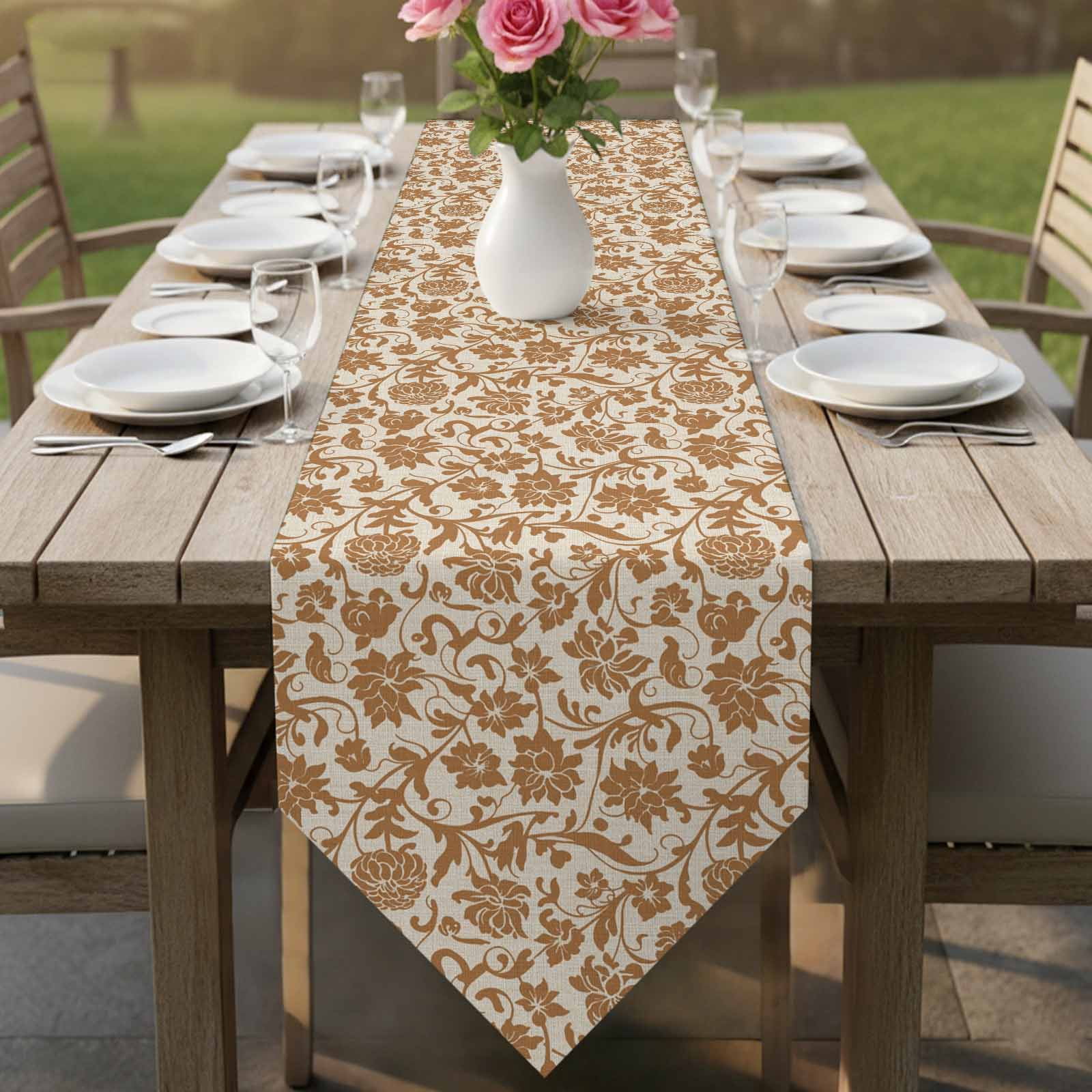 Brown Floral Table Runner Linen Burlap Table Runner 60 Inches Long Vintage Rustic Flowers Botanical Spring Dresser Scarves for Kitchen Island Coffee Dining Party Wedding Banquet Holiday Decor 13"x60"