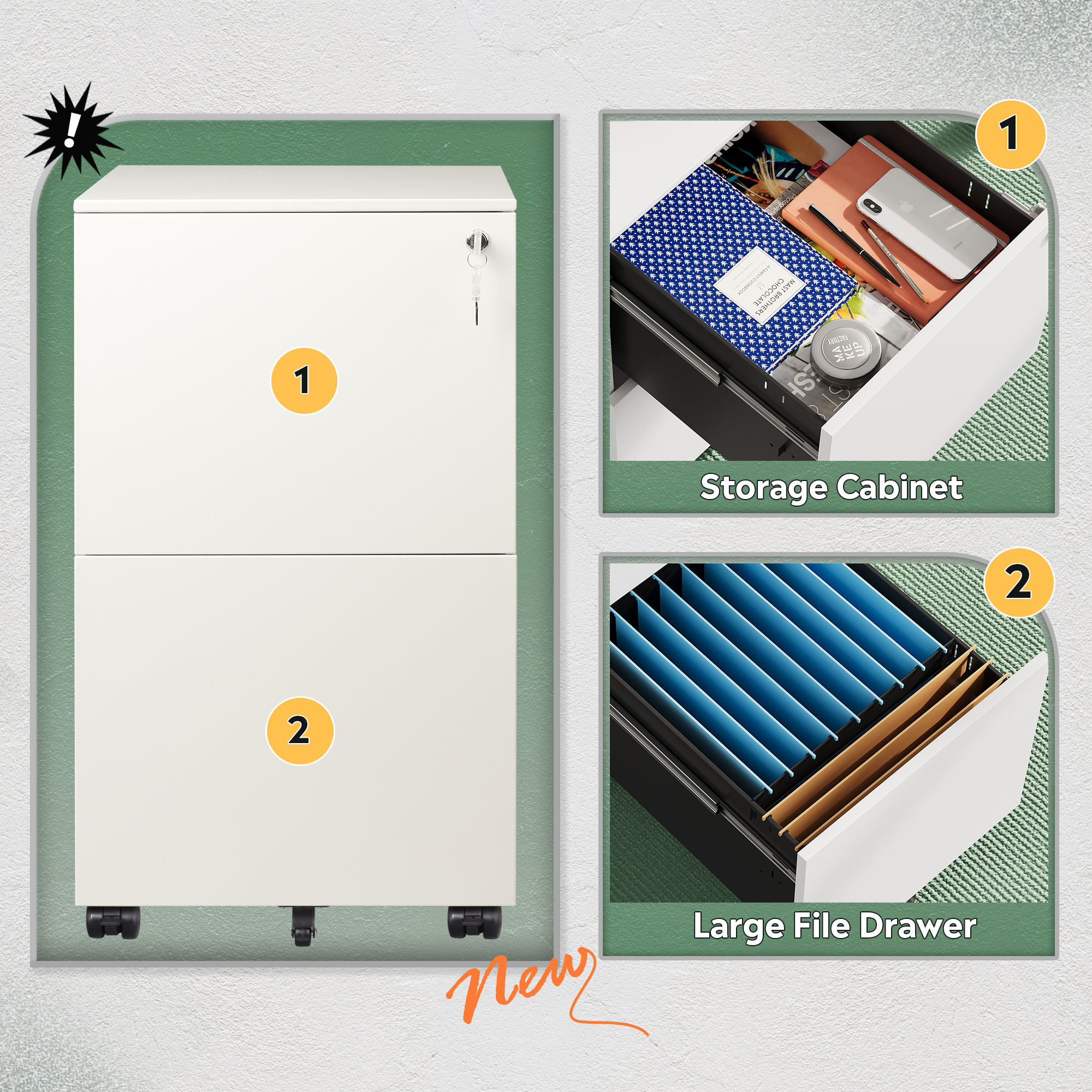 GALAXHERO 2-Drawer File Cabinets Rolling Metal Cabinet with Lock for Home Office, Under Desk Storage Fit Letter/A4/Legal Size, White