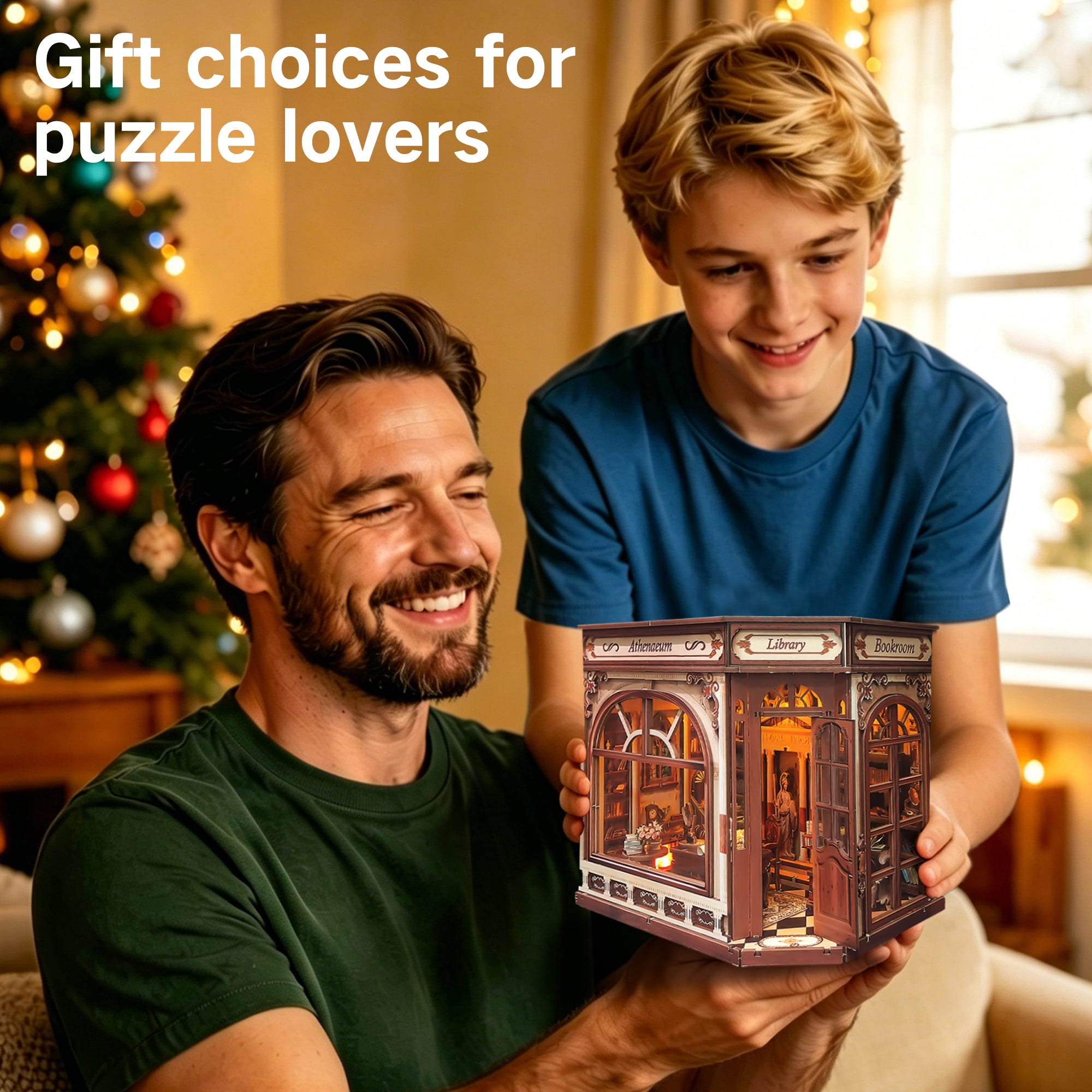 BELEEV Book Nook Kit,DIY Miniature Wooden Booknook with LED Lights,Openable Door 3D Puzzle,Bookshelf Decor Gift for Adults Teens - Athena's Library