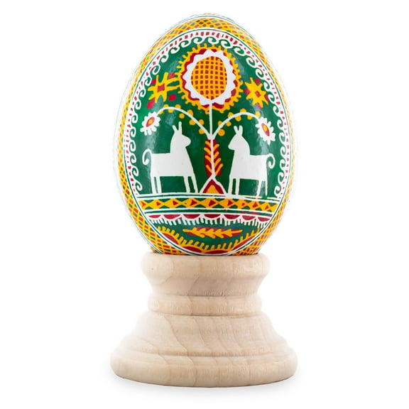 Horses on Green Authentic Blown Real Eggshell Ukrainian Easter Egg Pysanka