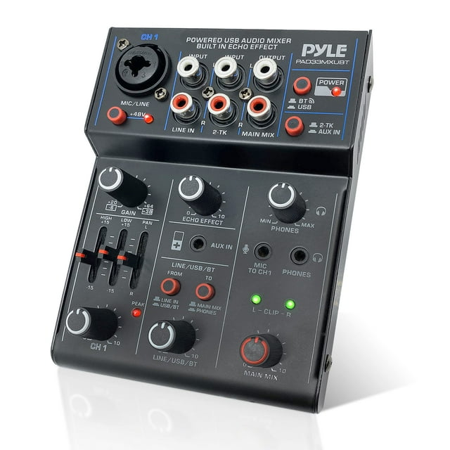 Pyle Mezclador de audio inalámbrico profesional para DJ - Mezclador de sonido con controlador de DJ Bluetooth de 3 canales con interfaz de audio USB, conector combinado XLR+entrada de micrófono/línea/