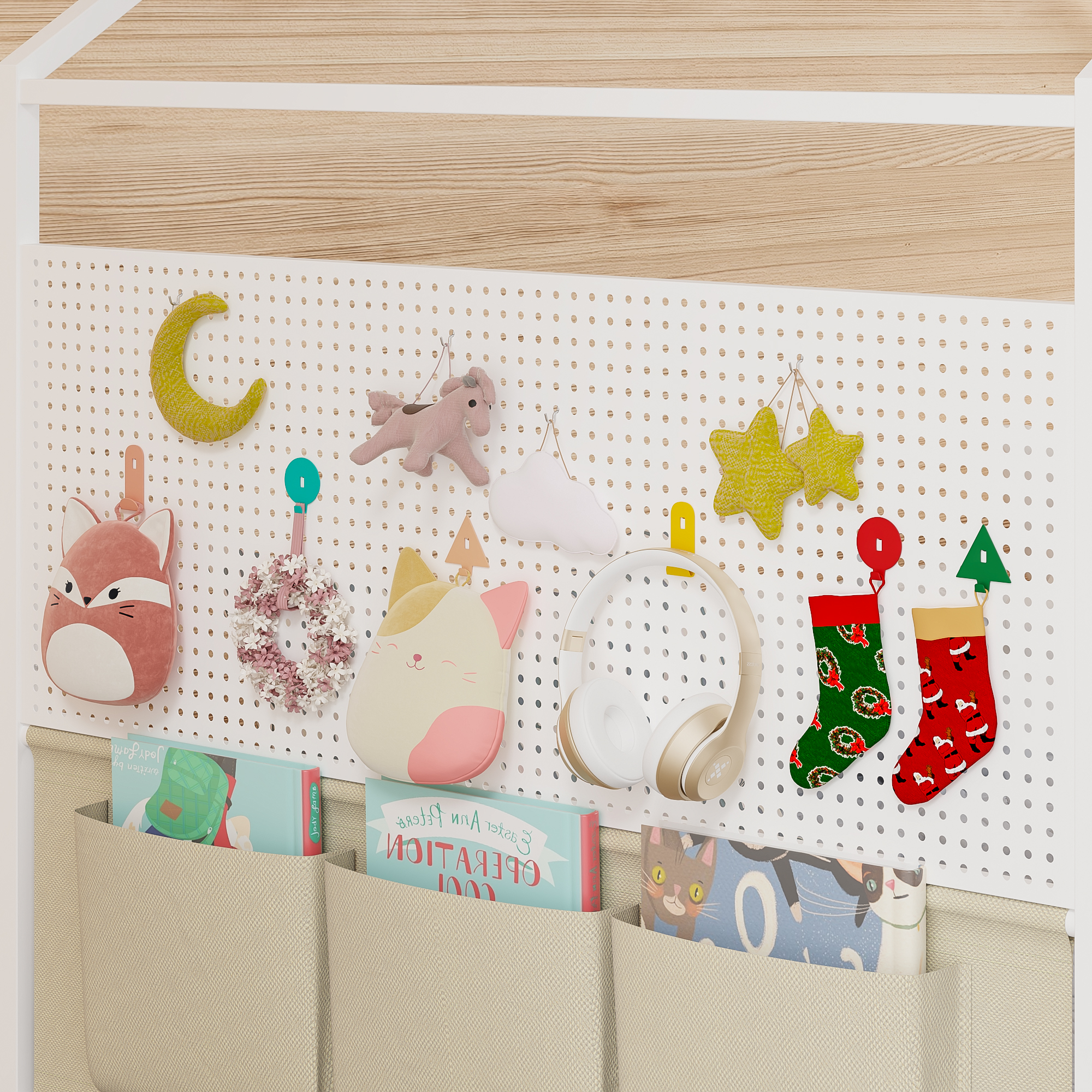 Yoneston Twin Floor Montessori Bed with Storage Caddy & Pegboard, House Shape Metal Floor Bed with Guardrails for Toddlers Kids Boys Girls, White