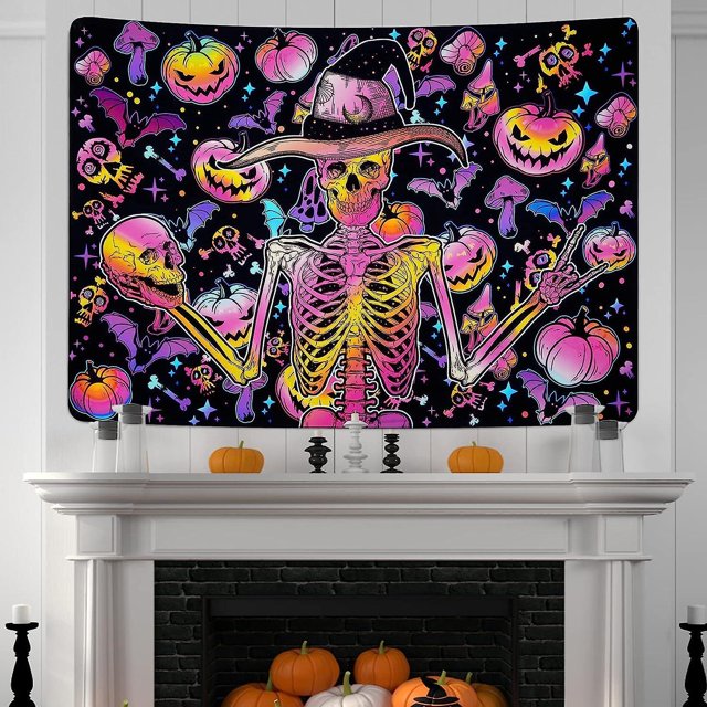 Tapiz de calavera de rock and roll, divertidos tapices de esqueleto, tapiz de setas hippie, tapiz de calabaza de Halloween, tapiz de estrellas de colores (95 x 73 cm)