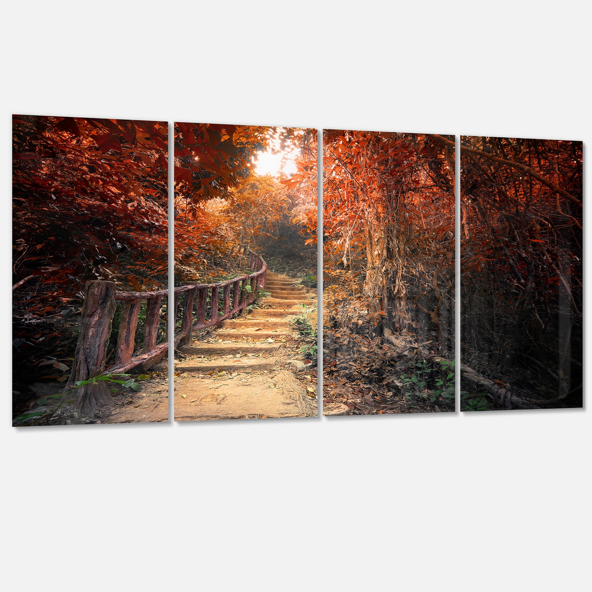 Designart 'Stairway Through Red Fall Forest ' Landscape Photography Canvas Print