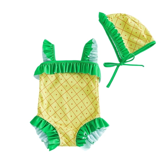 HAYIMI Child Swimwear Cartoon Print Swimsuit For Girls With Matching Swim Cap Trianglar Cut Bathing Toddlers Kids Relaxed Fit Summer Beach Bathing Suit