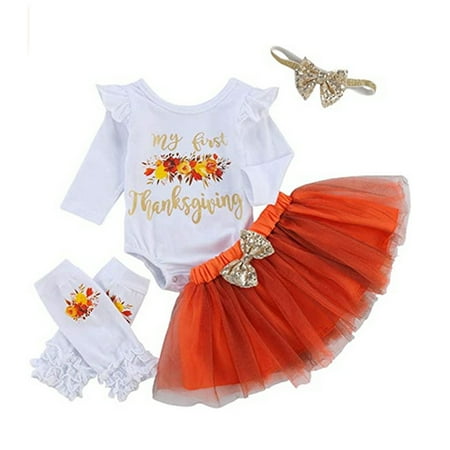 

My First Thanksgiving Baby Girls Outfits Floral Ruffle Sleeve Romper+Tutu Dress+Golden Headband+Leg Warmers 5Pcs Skirt Set