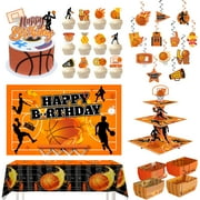Basketball Party Supplies, 83pcs Basketball Party Tablewares - Tablecloth, Backdrop, Cake Stand, Popcorn Trays & Spirals for Basketball Birthday Party Decorations Tablewares