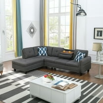 Hommoo L-Shaped Upholstered Sectional Sofa Couch with Storage & Cup Holders, Linen Living Room Sofa Set, No Ottoman, Dark Gray