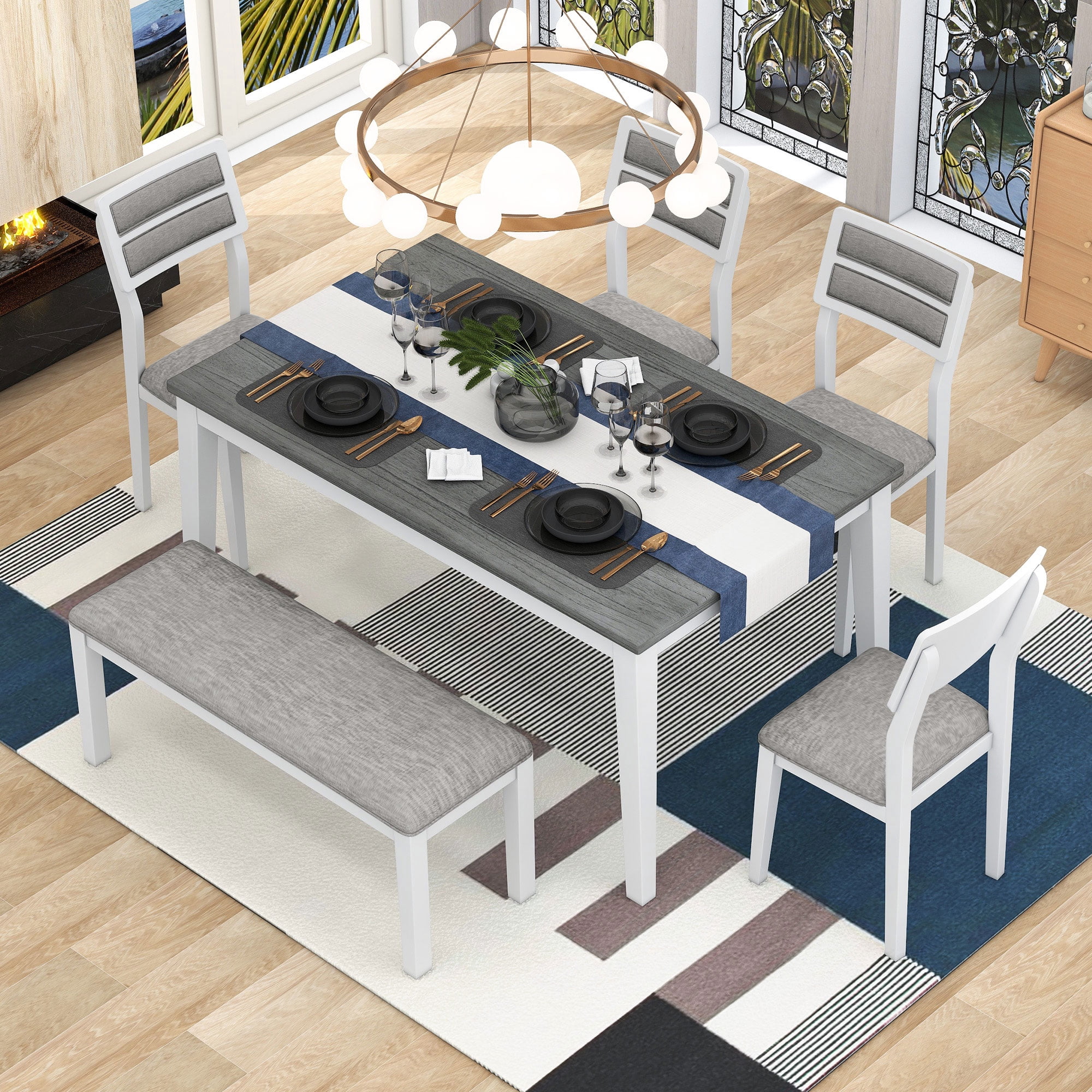 Howcool Classic Traditional 6-Piece Dining Set, Table, 4 Upholstered Chairs & Bench, White + Gray