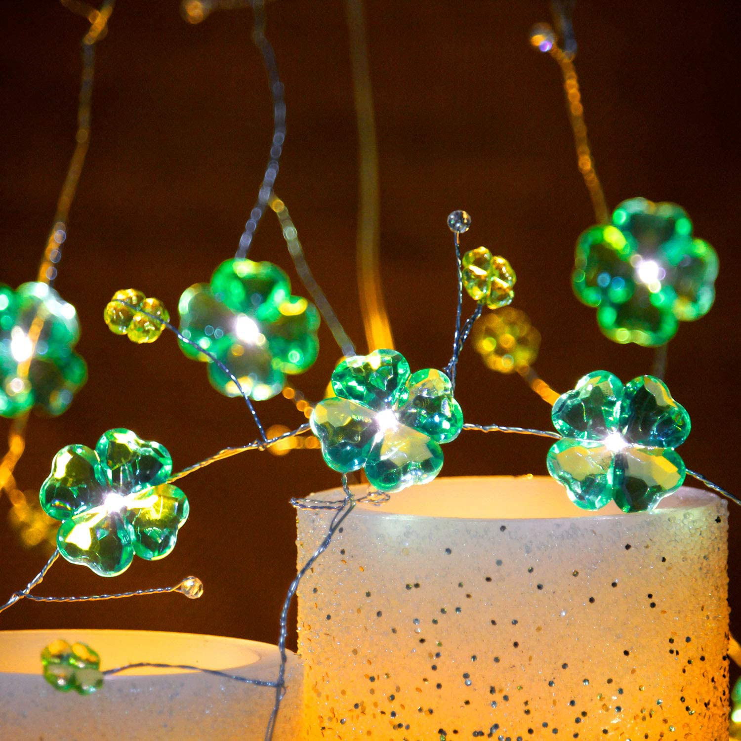 Feast of St Impress Life Shamrocks Lucky Clover Handmade String Lights Patrick Green Decoration Copper Wire 10ft 30LEDs with Remote Battery and Plug in Operated for Irish Bar Holiday Wedding Party 