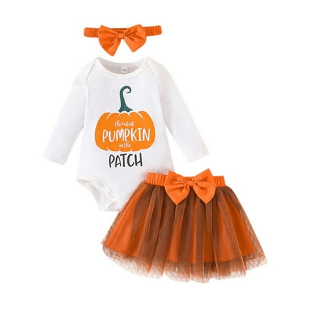 

Usaibhir Newborn Baby Girls 3Pcs Halloween Outfit Long Sleeve Pumpkin Romper Tutu Skirt Tulle Dress + Headband Set 0-18M