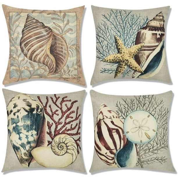 Nautical Conch Decorative Throw Pillow Covers 18x18 Set Of 4 Ocean Themed Outdoor Cases For Home Decor Coastal Beach Style Blue Com Nautical Conch Decorative Throw Pillow, Nautical Themed Outdoor Pillows