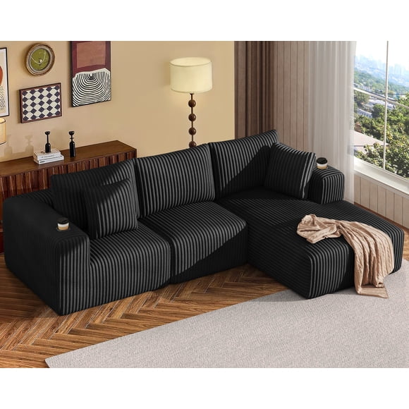 108" Cloud Sectional Couch with Chaise Lounge, L Shaped Modular Modern Sofa with Cup Holder, No Assembly Required, Left Facing Chaise, Black