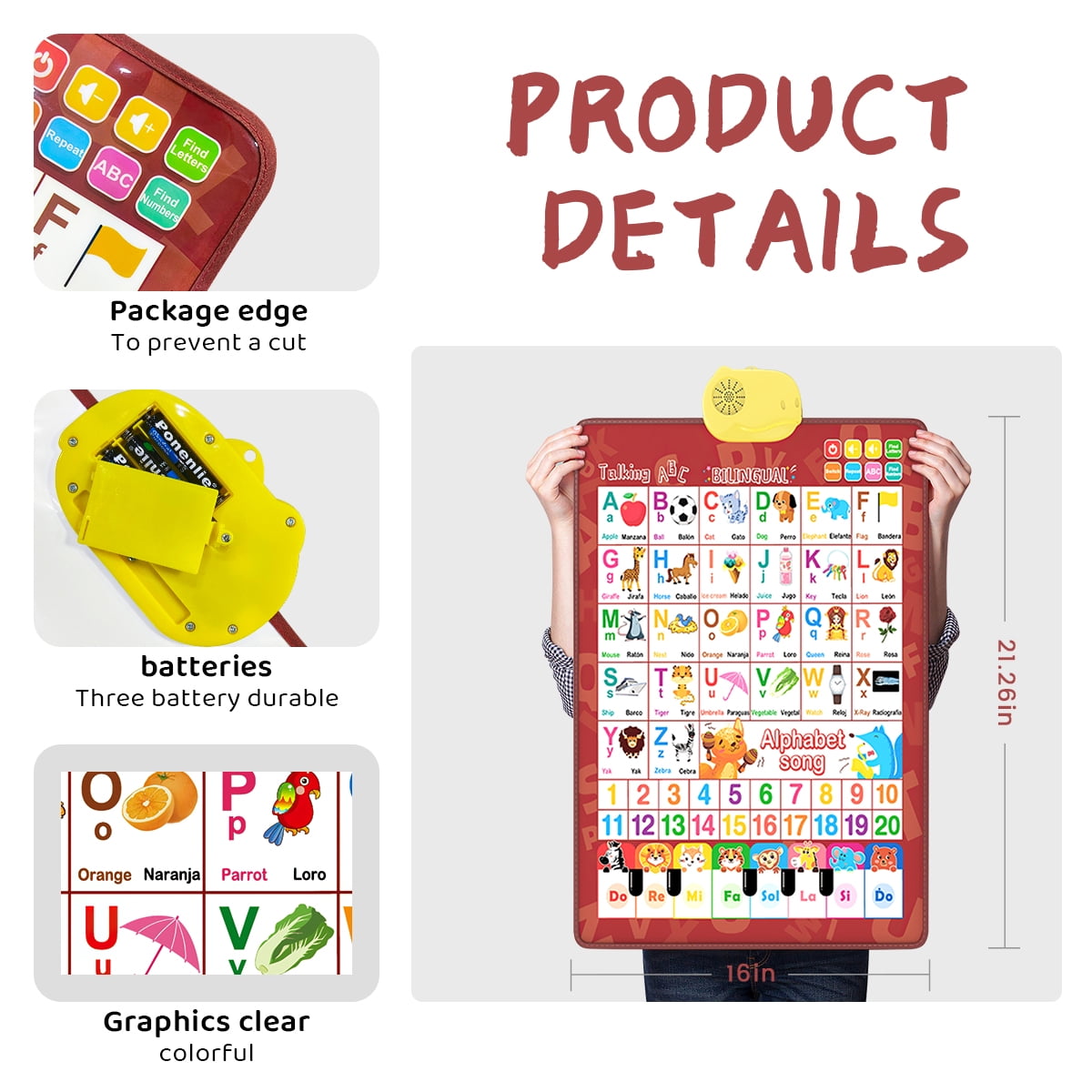 Bilingual Educational Talking ABC Poster – Interactive Learning Wall Chart with Music, Preschool STEM Toy, Best Birthday Gift (Red)